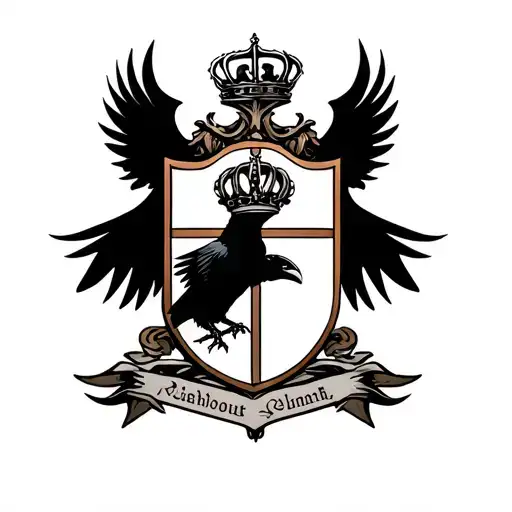 Coat Of Arms Style Shield With A Flying Crow Carrying A Crown In The Center Of The Shield