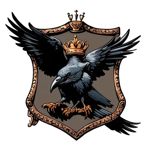 Coat Of Arms Style Shield With A Flying Crow Carrying A Crown In The Center Of The Shield