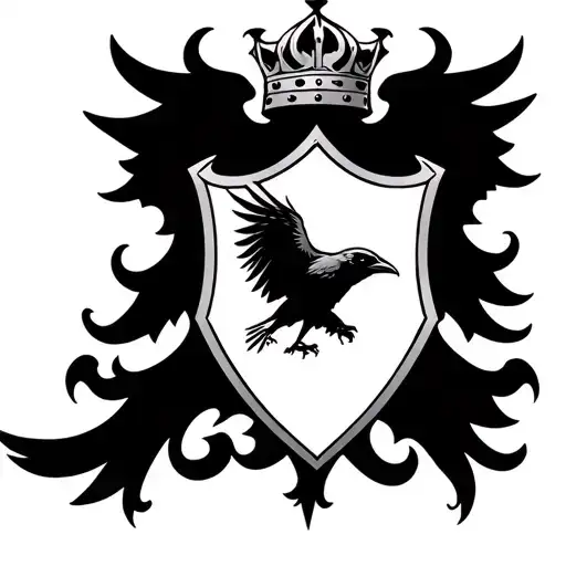 Coat Of Arms Style Shield With A Flying Crow Carrying A Crown In The Center Of The Shield