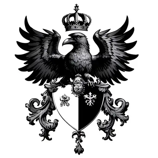 Coat Of Arms Style Shield With A Flying Crow Carrying A Crown In The Center Of The Shield