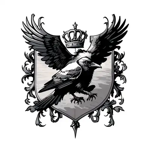 Coat Of Arms Style Shield With A Flying Crow Carrying A Crown In The Center Of The Shield