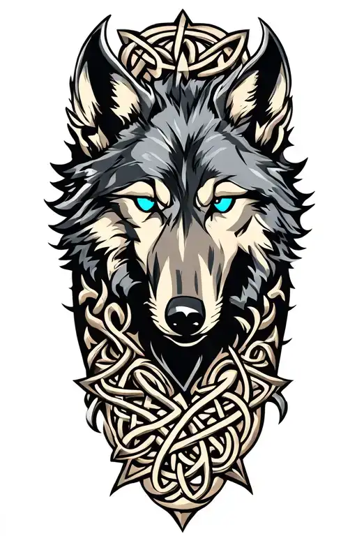 Wolf With Blue Eyes On Armor Tattoo Design Featuring Celtic Trinity Knot
