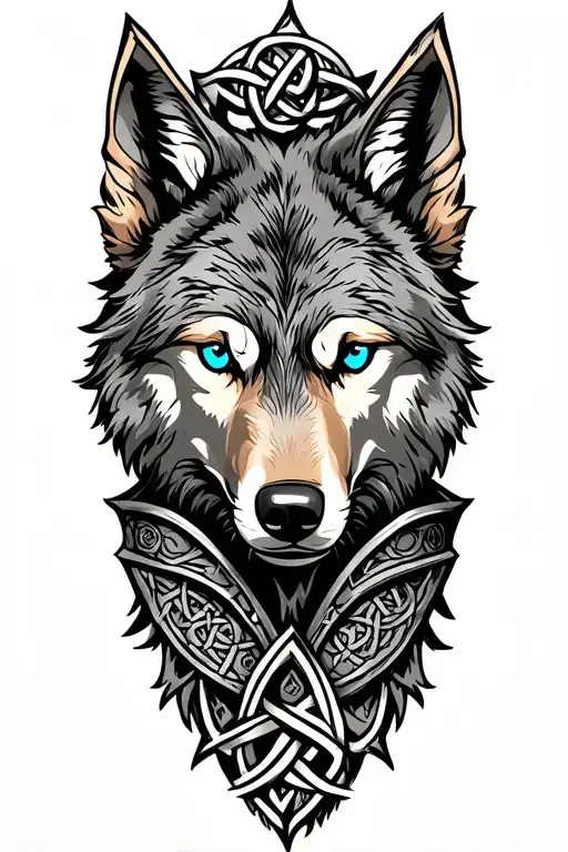 Wolf With Blue Eyes On Armor Tattoo Design Featuring Celtic Trinity Knot