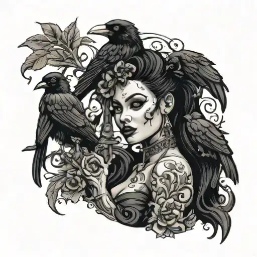 A Beautiful Dark Woman Holding A Dagger With A Crow On Her Shoulder