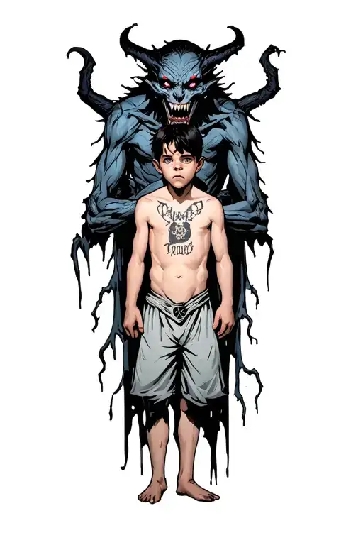 A Sad Young Boy Standing With A Scary Demon Standing Behind Him And Wrapped Around His Body