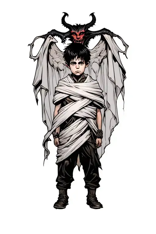 A Boy Standing With A Demon Behind Wrapped Around Him