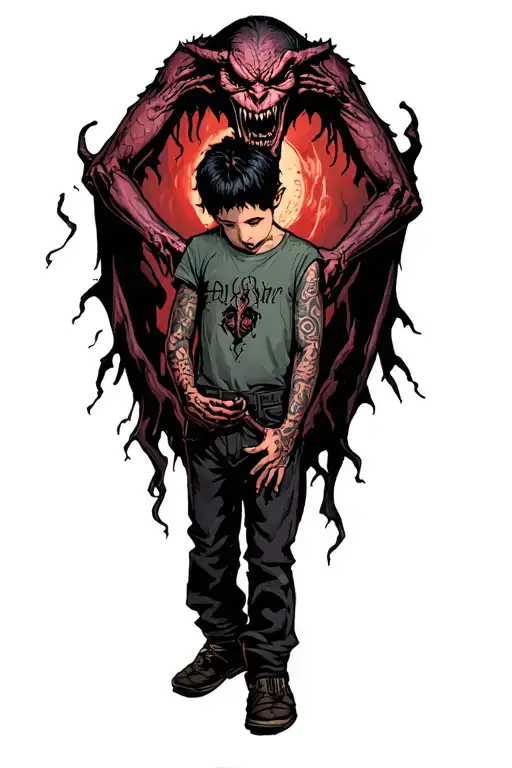 A Boy Standing With A Scary Demon Grabbing Him From Behind