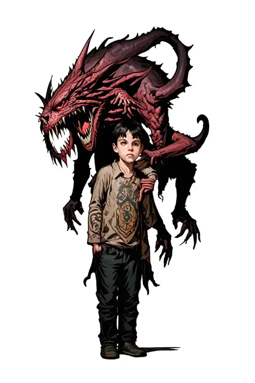 A Boy Standing With A Scary Demon Grabbing Him From Behind
