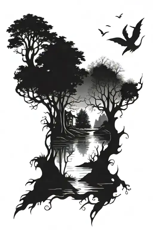 I Want A Half Sleeve Tattoo Design With Night A Nice River And Around Dark But Nice Trees