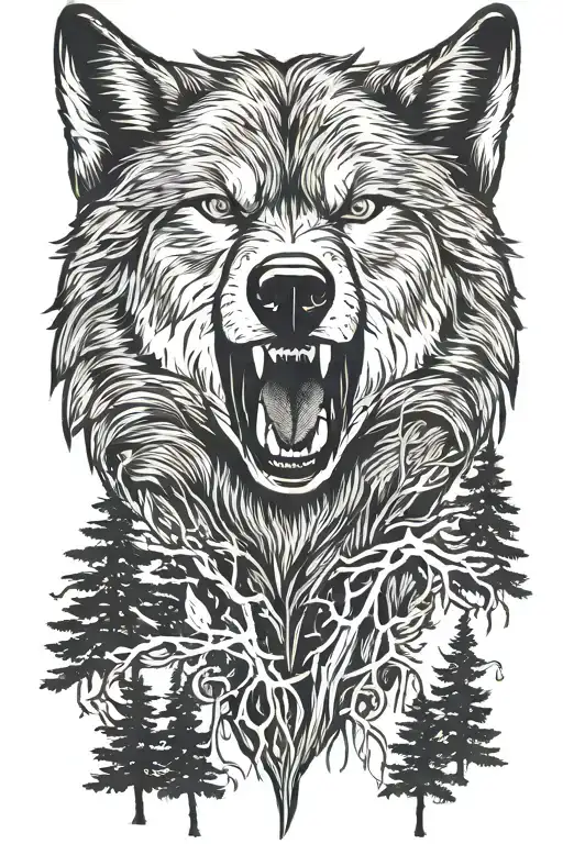 Head Of Wolf With Open Mouth Surounded By Pine Trees