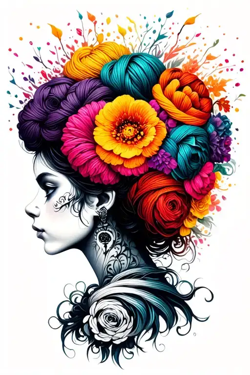 Woman Face Side Profile With Colorful Yarn Exploding Out Of Top Of Head Surrounded By Flowers