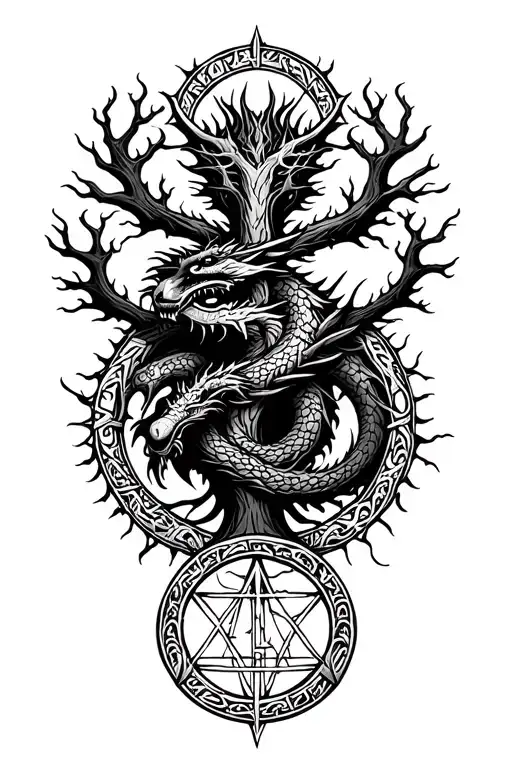 Nordic Tree Of Life With A Nordic Dragon Wrapped Around And Runes Surrounding It