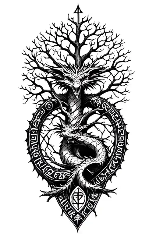 Nordic Tree Of Life With A Nordic Dragon Wrapped Around And Runes Surrounding It