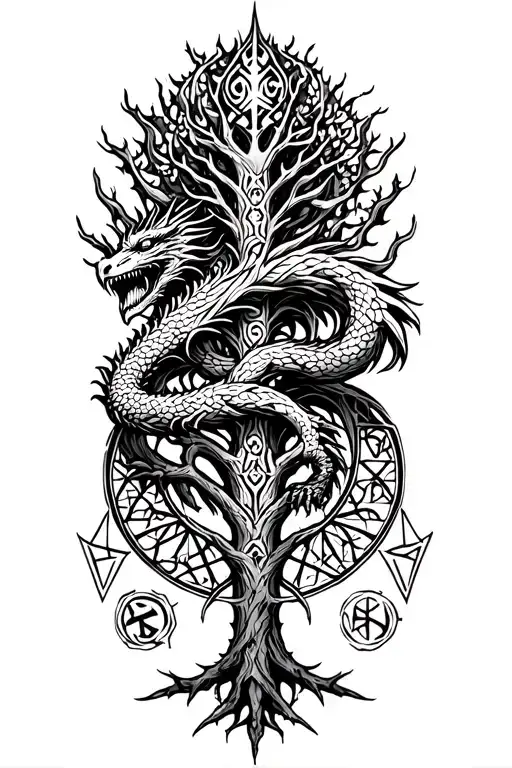 Nordic Tree Of Life With A Nordic Dragon Wrapped Around And Runes Surrounding It