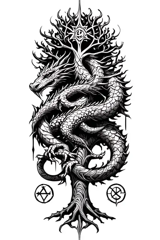 Nordic Tree Of Life With A Nordic Dragon Wrapped Around And Runes Surrounding It