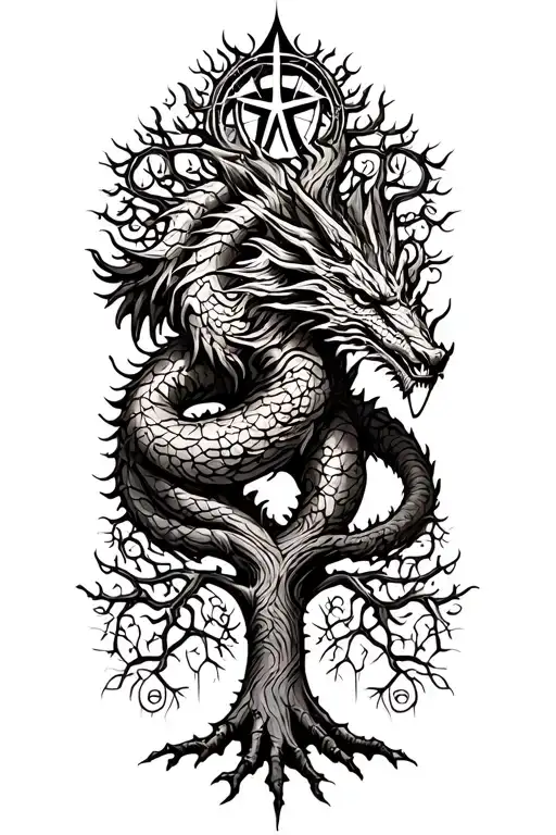 Nordic Tree Of Life With A Nordic Dragon Wrapped Around And Runes Surrounding It