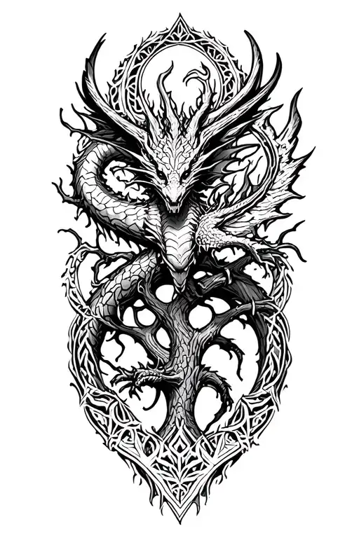 Nordic Tree Of Life With A Nordic Dragon Flying