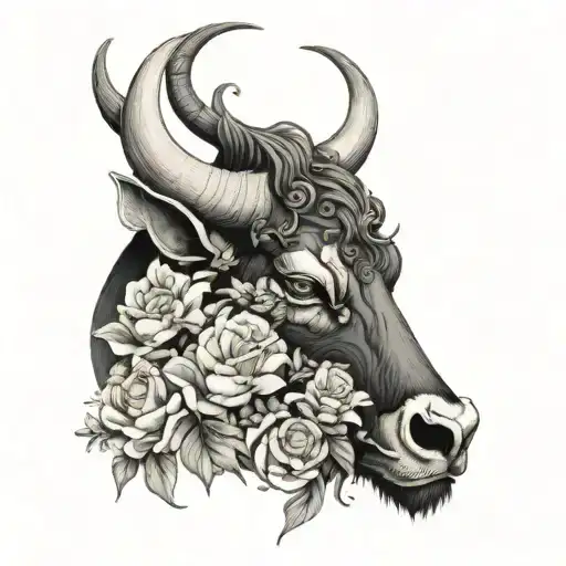 Angry Taurus With Ring In Nose Surrounded By Flowers