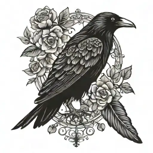 Black Crow With Flowers And Tree Of Life
