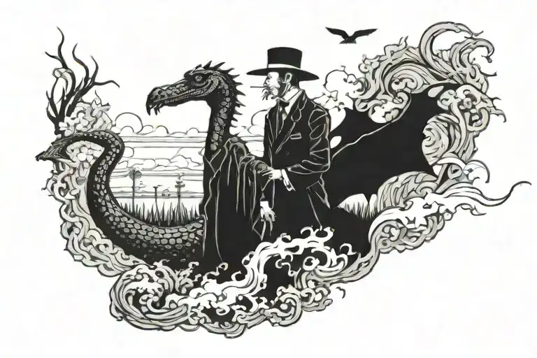 Crocodile & Crane On A Cane Field With Smoke Rising