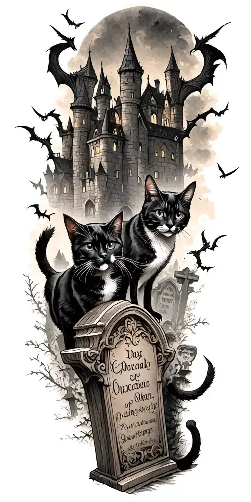 Cats In A Graveyard With Draculars Castle In The Background