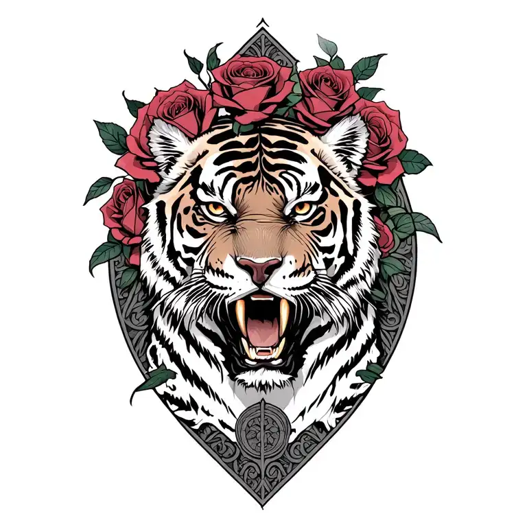Multiple Roses Surrounding A Tiger Emerging