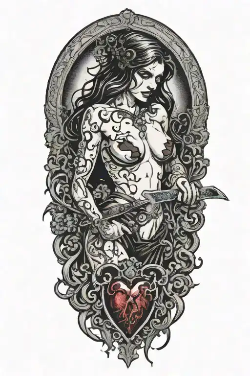 Sexy Partially Nude Demon Woman Stabing A Beating Human Heart With A Kitchen Knife