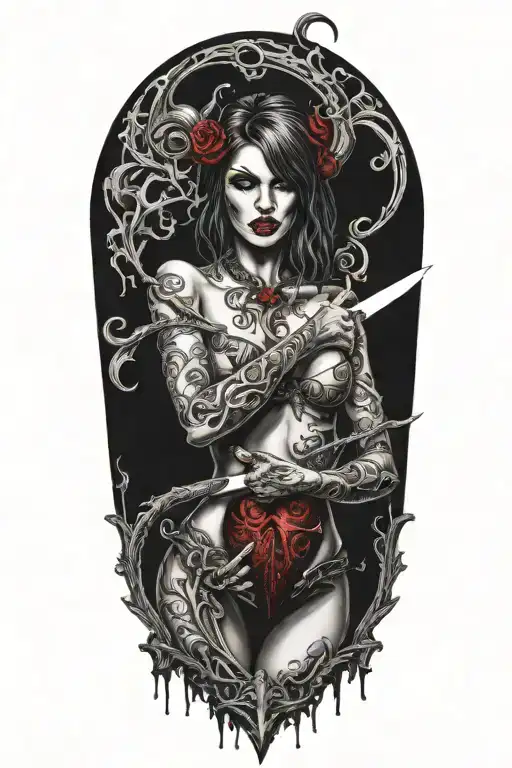Sexy Partially Nude Demon Woman Stabing A Beating Human Heart With A Kitchen Knife
