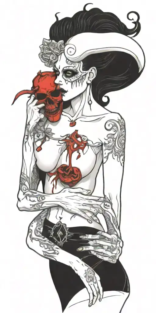 Sexy Partially Nude Demon Woman Stabing A Human Heart