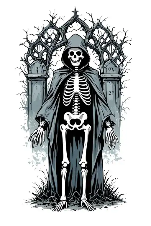 Hooded Skeleton Standing In Graveyard