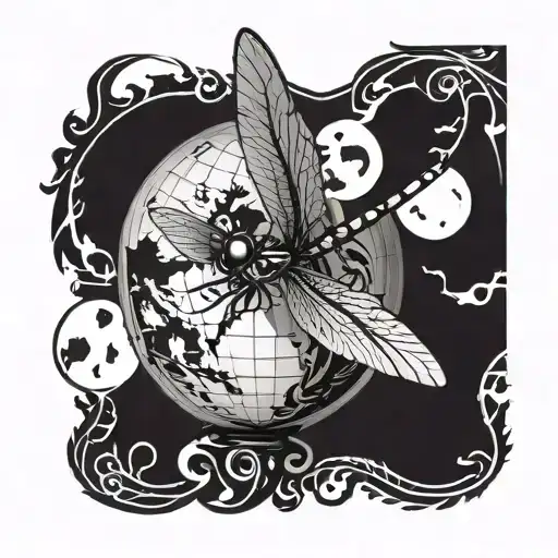 Tribal Tattoo Black And White Of A Dragonfly Catching A Globe