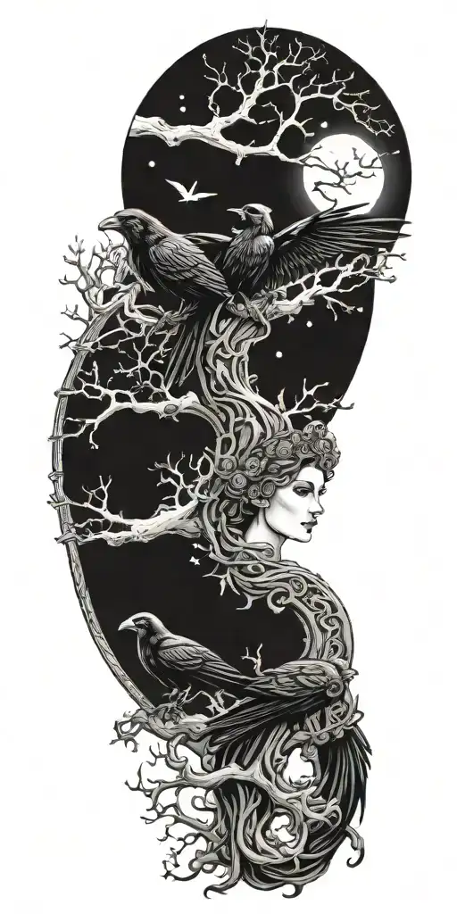 The Morrigan Irish Goddess With Crows An Old Oak Tree Growing And Bright Moonlight