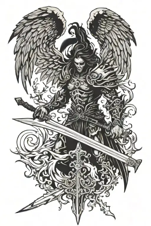 Falling Demonic Angel Half Demon Holding A Sword