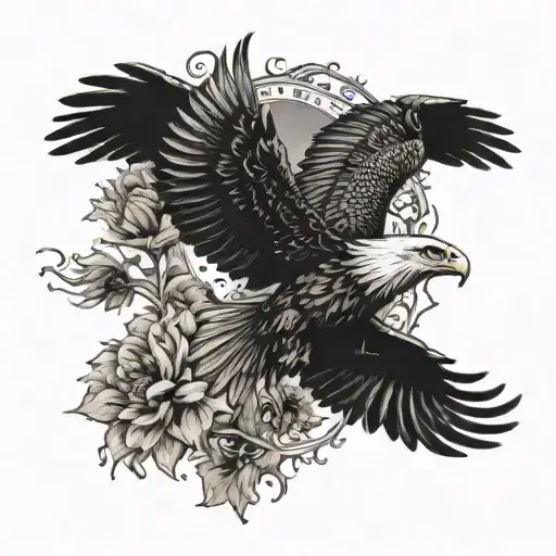 A Fierce Eagle Soaring Through The Sky With A Background Of Three Sunflowers