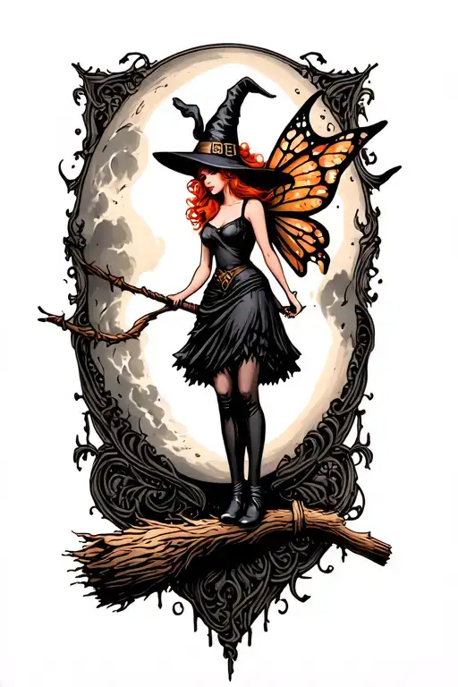Red Headed Sexy Fairy Witch On Broom In Front Of Moon