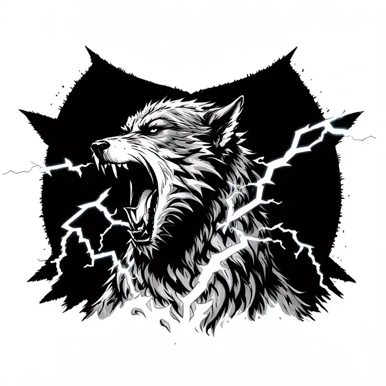 Full Body Howling Werewolf Surrounded By Lightning