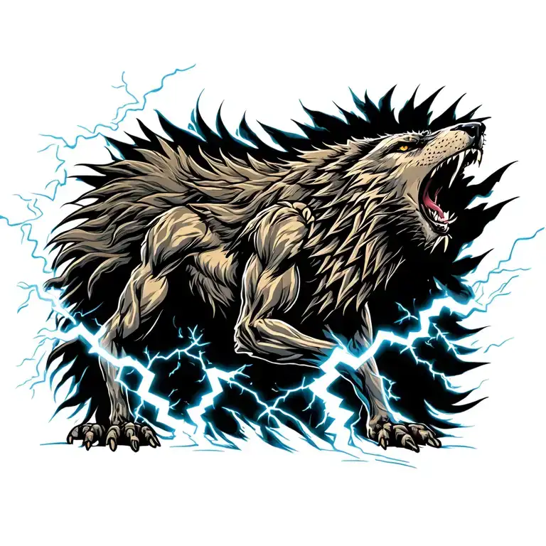 Full-body Howling Werewolf Surrounded By Lightning