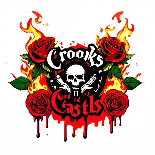 Crooks And Castles Logo Surrounded By Roses And Flowers Dripping Blood On Fire