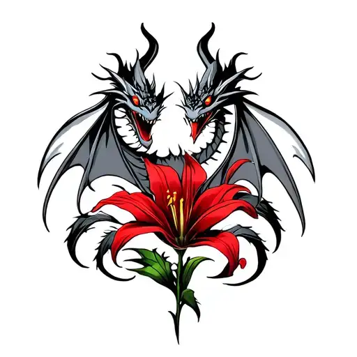 Dragon With Red Lily Black And White