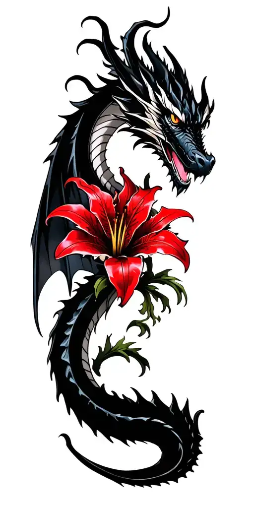 Dragon With Red Lily Black And White