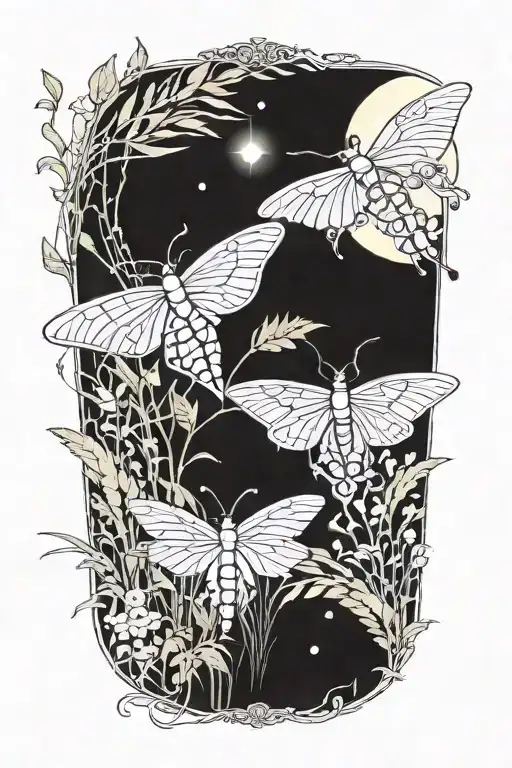 3 Colorful Moths In Front Of Swamp Grass And Full Moon Shining No Background