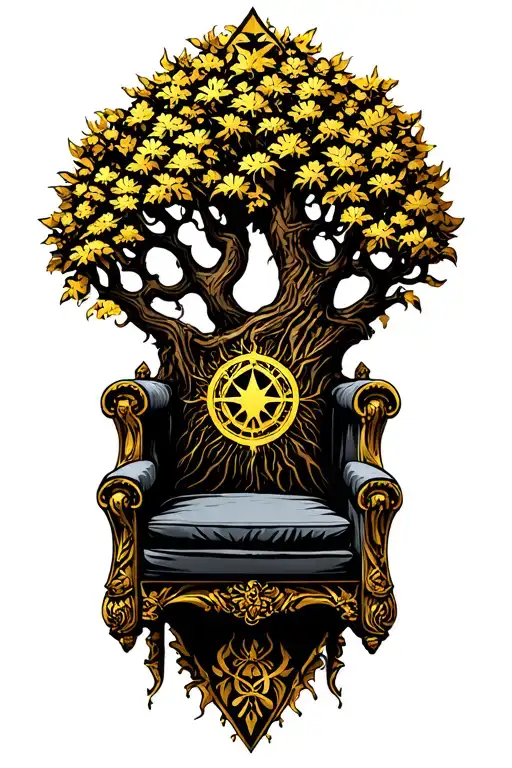 Nordic Tree Of Life Behind A Throne Surrounded By Gold