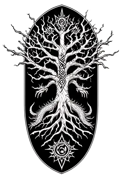 Nordic Tree Of Life Surrounded By Nordic Dragon And Runes Surrounding It