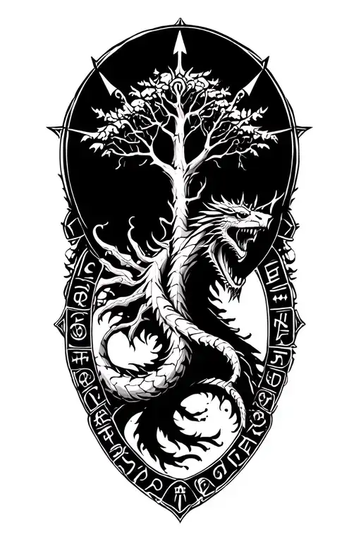Nordic Tree Of Life Surrounded By Nordic Dragon And Runes Surrounding It