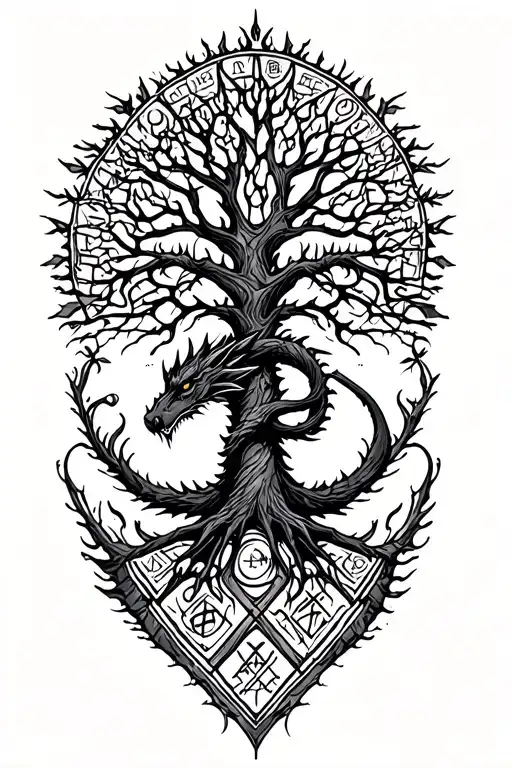 Nordic Tree Of Life With A Nordic Dragon Wrapped Around And Runes Surrounding It