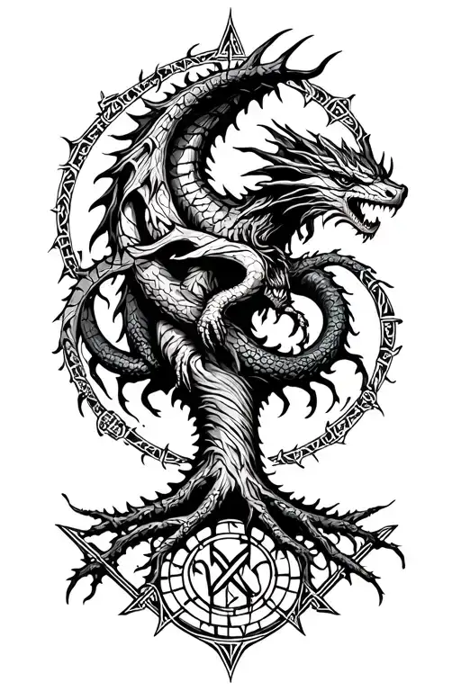 Nordic Tree Of Life With A Nordic Dragon Wrapped Around And Runes Surrounding It