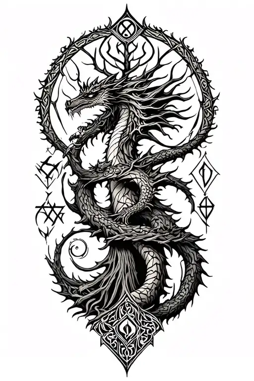 Nordic Tree Of Life With A Nordic Dragon Wrapped Around And Runes Surrounding It