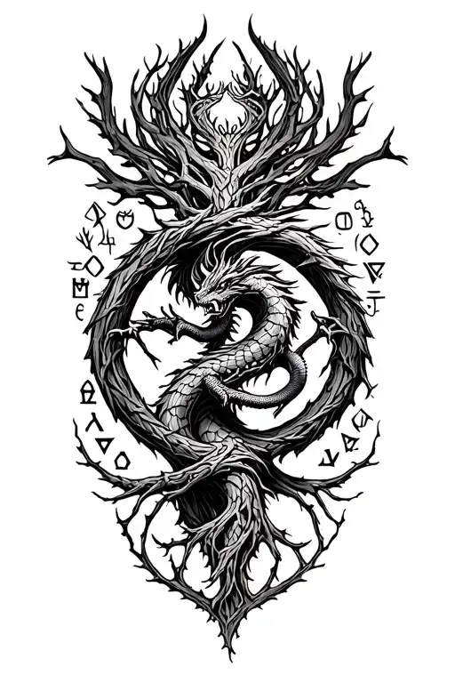 Nordic Tree Of Life With A Nordic Dragon Wrapped Around And Runes Surrounding It
