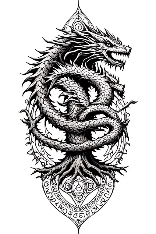 Nordic Tree Of Life With A Nordic Dragon Wrapped Around And Runes Surrounding It