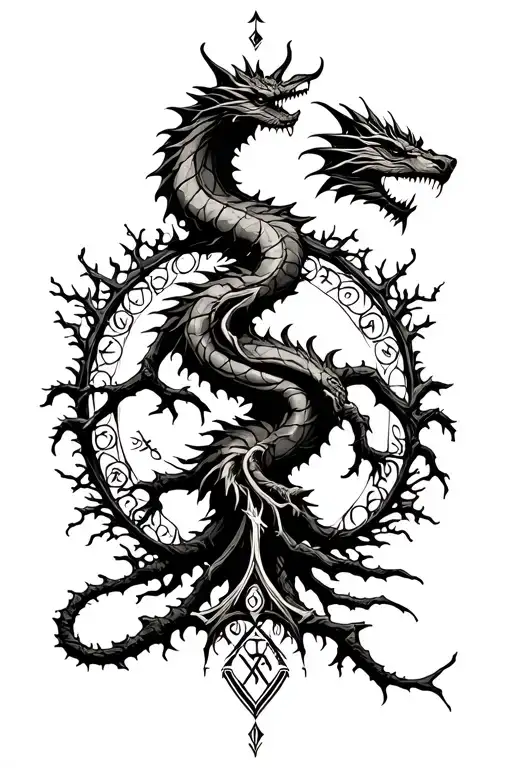 Nordic Tree Of Life With A Nordic Dragon Wrapped Around And Runes Surrounding It
